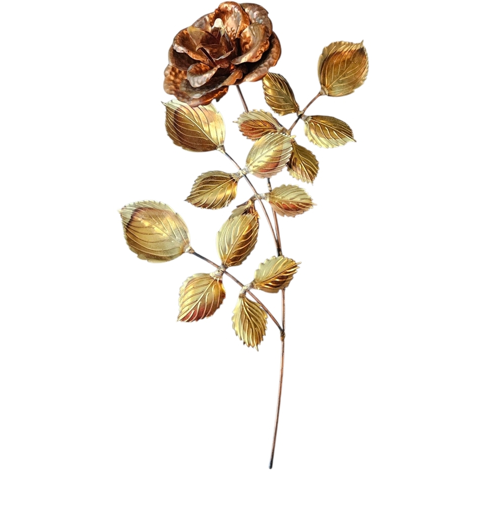 HOMCO Vintage Copper Brass 14” Long Stem Rose/Leaves 3D Metal